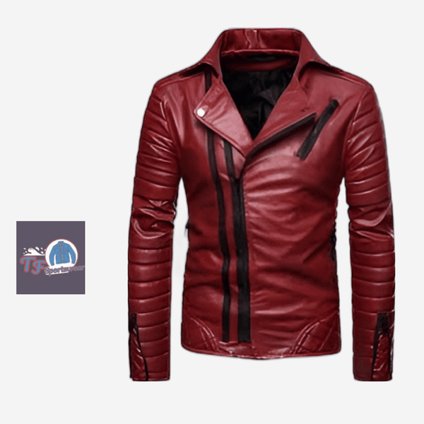 Men's Red Moto Leather Jacket with Black Accent Zippers – Premium Biker Style