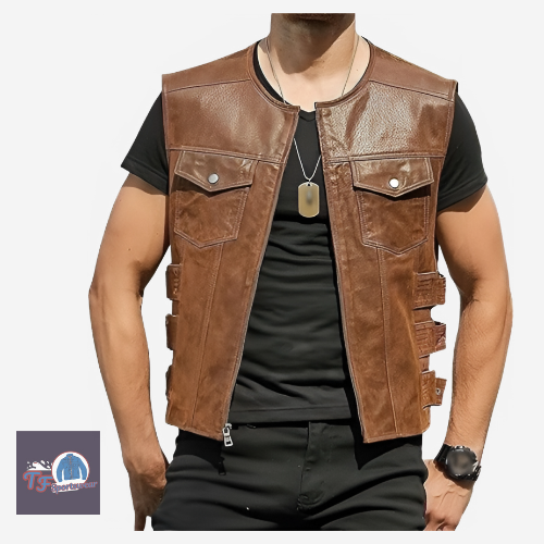 Men's Leather Biker Vest - Classic Brown