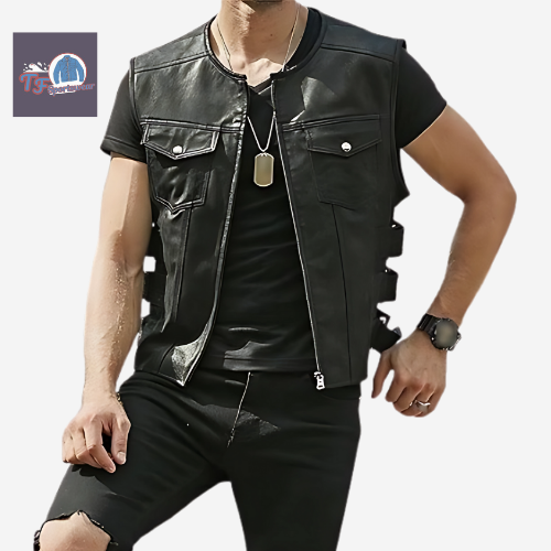 Men's Leather Biker Vest - Classic Brown