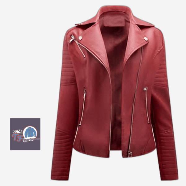 Women's Red Slim-Fit Leather Biker Jacket with Silver Zippers