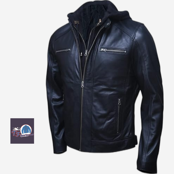 Artistry Men's Genuine Lambskin Leather Motorcycle Jacket with Removable Hood