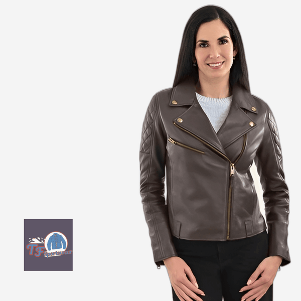 Women's Brown Leather Moto Jacket with Gold Zippers