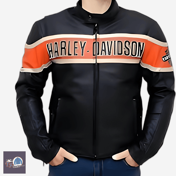 Men's Harley Davidson Black Leather Jacket with Orange Stripe – Classic Biker Icon