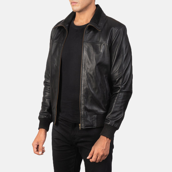 Air Rolf Black Leather Bomber Jacket